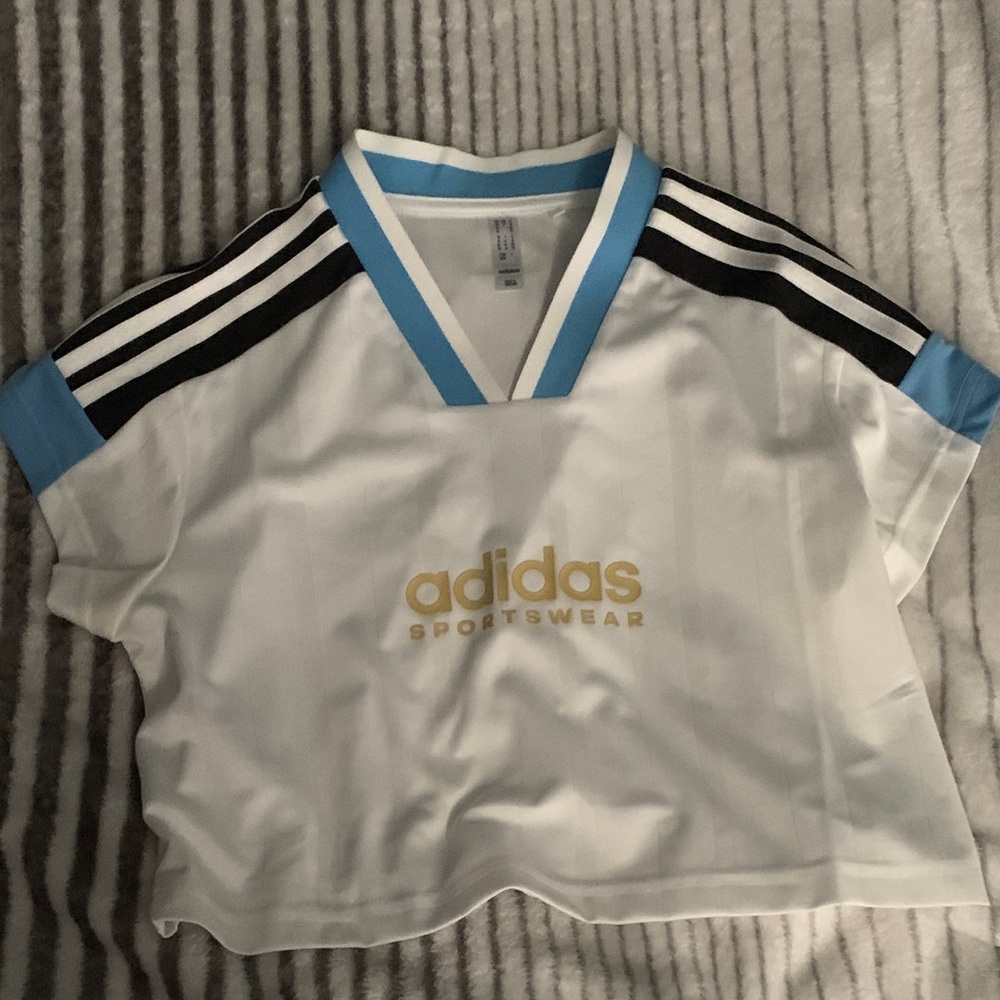 Adidas White and Gold Cropped Jersey with Blue Accents